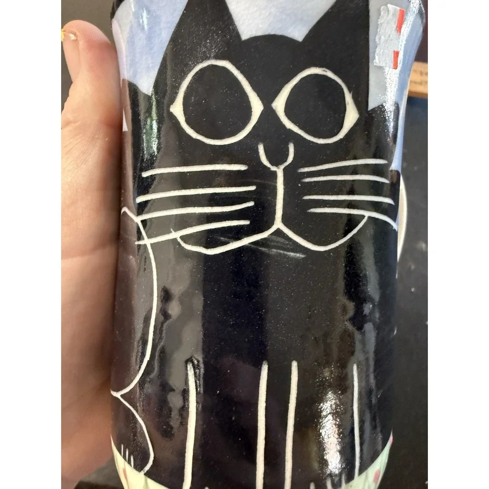 Handmade Black Cat Wall Hanging & Cat Mug Pottery Halloween Folk Art Set